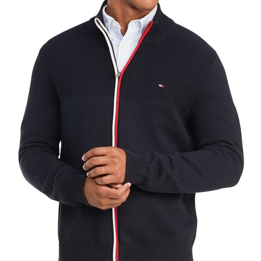 TOMMY HILFIGER full zip knit cardigan Men M Navy Textured Sweater